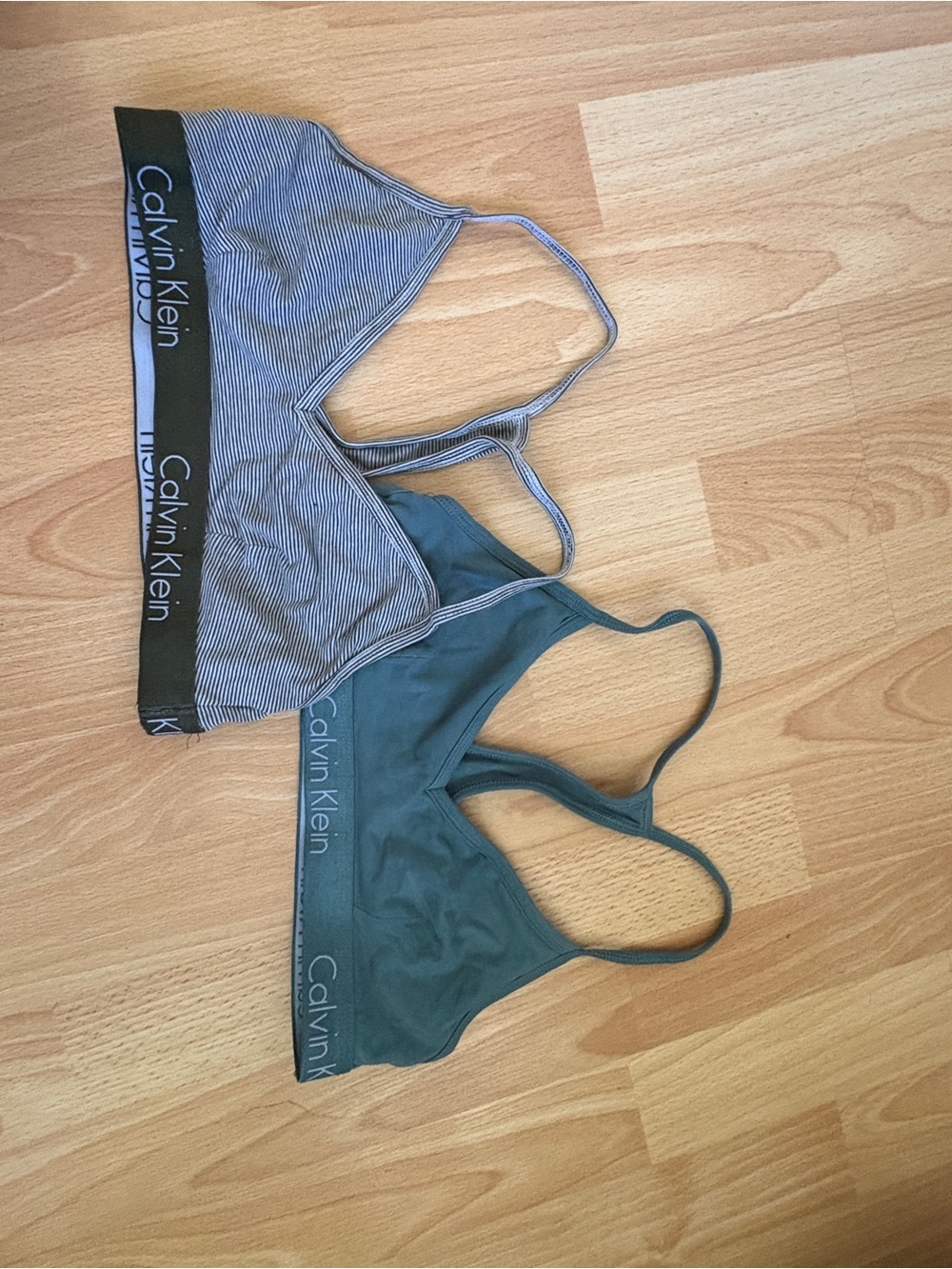 Calvin Klein Two-Pack Bralettes — Teal Green & Gray Stripe